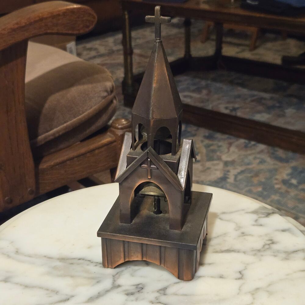 Vintage Copper Church Steeple Music Box Wind Up Metal Chapel Bell Tower Chime